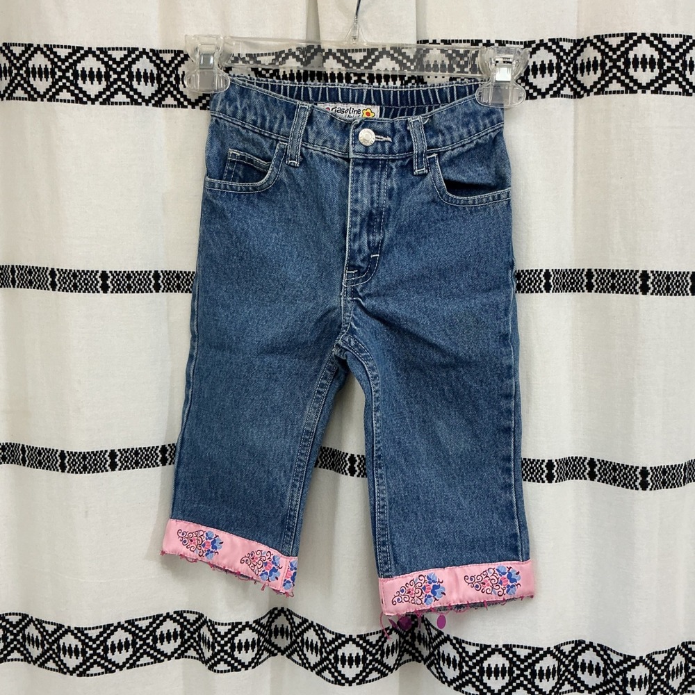 Vintage Y2K Gasoline Kids Girls Denim Jeans Size 5 Cropped Pink Floral Cuff Cute